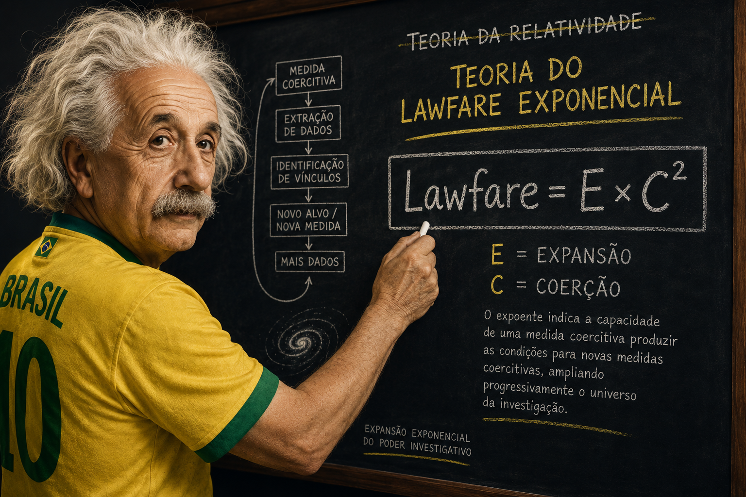 Quadro-negro com a equação Lawfare = E x C² e o fluxo da expansão exponencial do poder investigativo