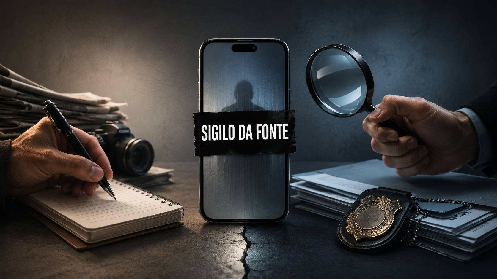 Mesa de trabalho jornalística: mãos anotando em um bloco ao lado de jornais e câmera, um celular ao centro com a silhueta de uma fonte anônima coberta por uma tarja preta com os dizeres SIGILO DA FONTE, e à direita uma mão segurando uma lupa sobre documentos e um distintivo policial.