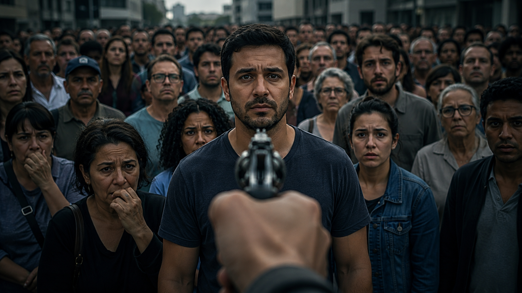 Imagem simbólica mostrando a mira de uma arma apontada para um cidadão, com uma multidão de pessoas comuns ao fundo, representando o efeito silenciador da intimidação jurídica sobre a sociedade democrática.
