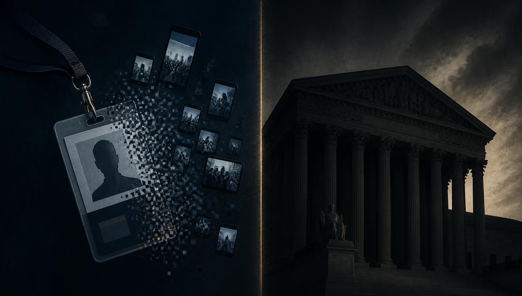 Ilustração editorial: de um lado, uma credencial de imprensa se dissolvendo em pixels e telas de celular; do outro, a fachada de um tribunal supremo em penumbra, separados por uma linha dourada.